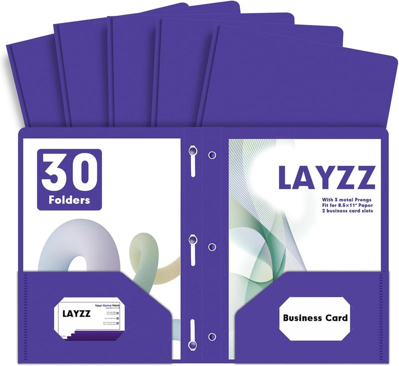 LAYZZ Plastic 2 Pocket Folders with Prongs, 30 Pack, Heavyweight, Letter Size Poly Folders with 3 Metal Prongs Fastener Clips (Purple) - Image 1